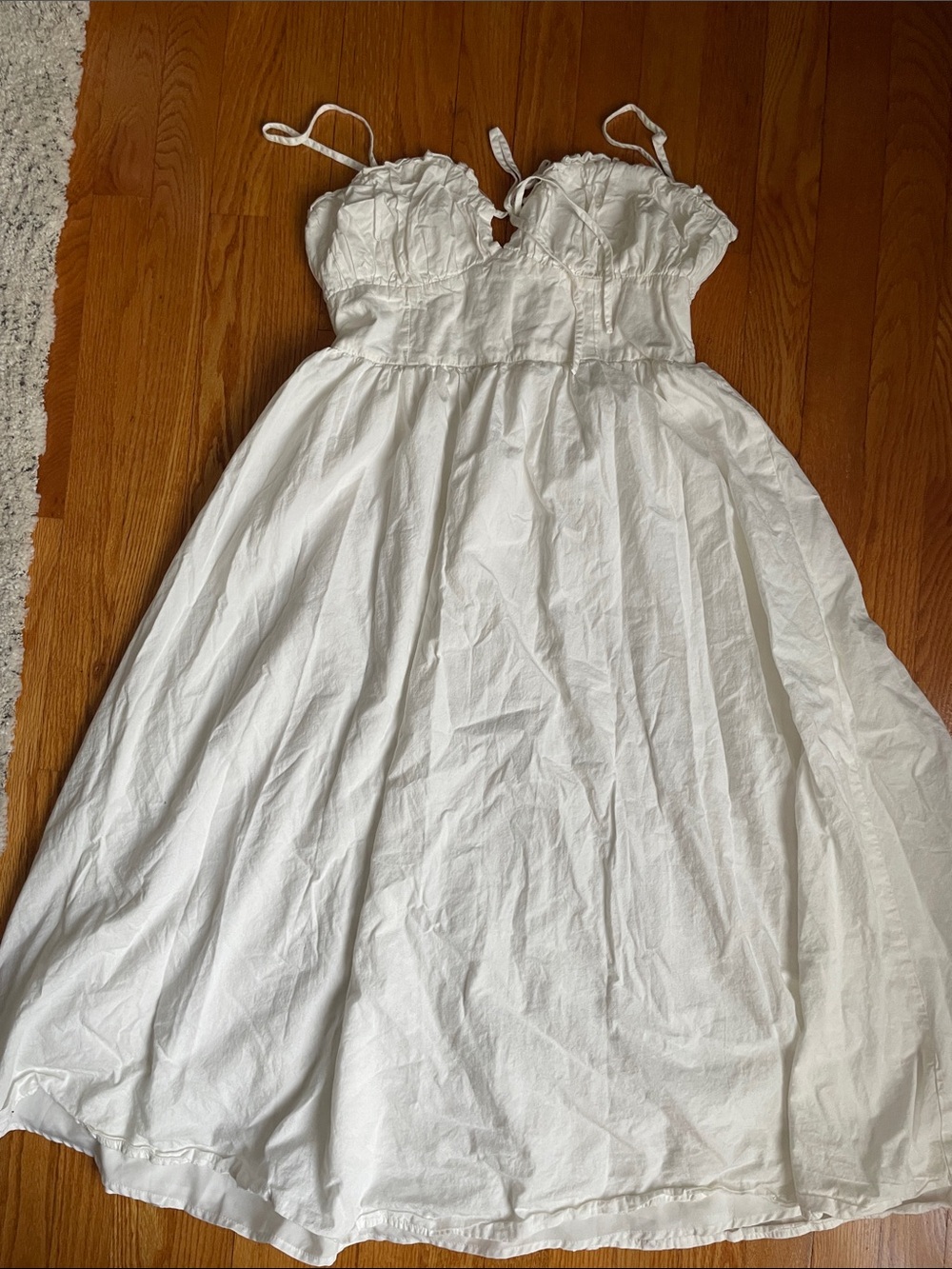 SHEIN White Midi Dress with Spaghetti Straps and Ruched Bodice